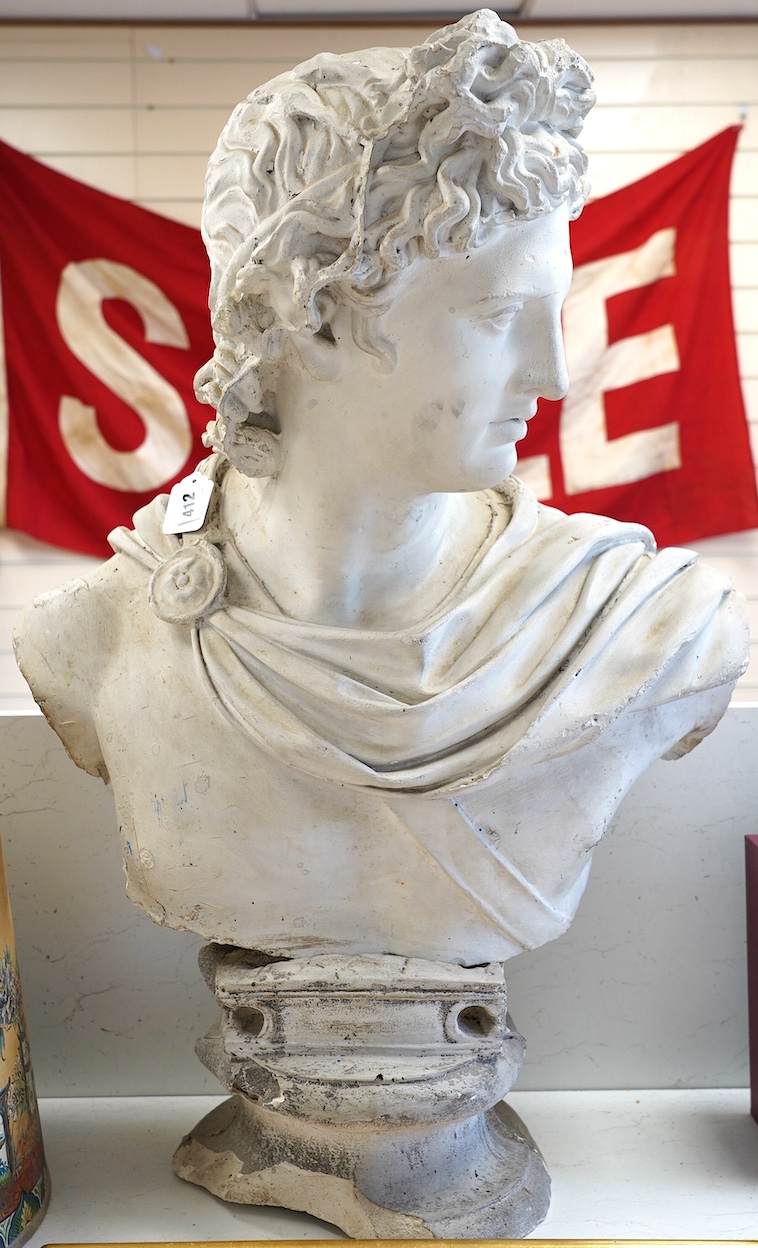 A large plaster bust of Apollo, 82cm high. Condition - poor